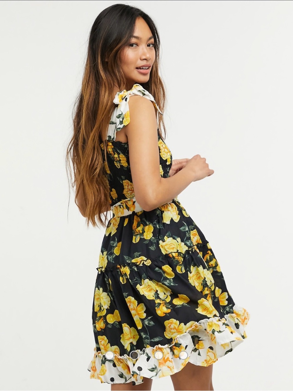 River Island Smocked Black & Yellow Floral Tie-Waist Sundress - Picture 2 of 5
